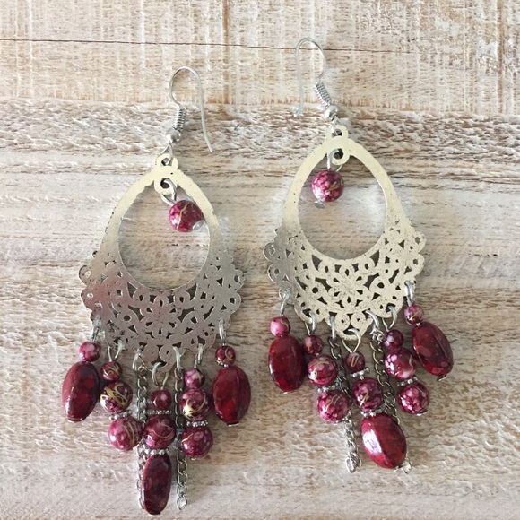 New Silver Maroon Beaded Fishhook Earrings - Picture 3 of 4